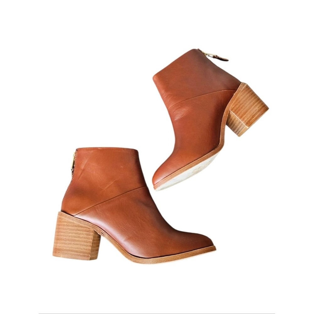 Nisolo Cognac Brown Leather Stacked Heel Ankle Boots Size 7.5 - Picture 2 of 8